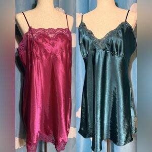 2 vintage slips. Fuschia and forest green. Lacy, embroidery on pink- L